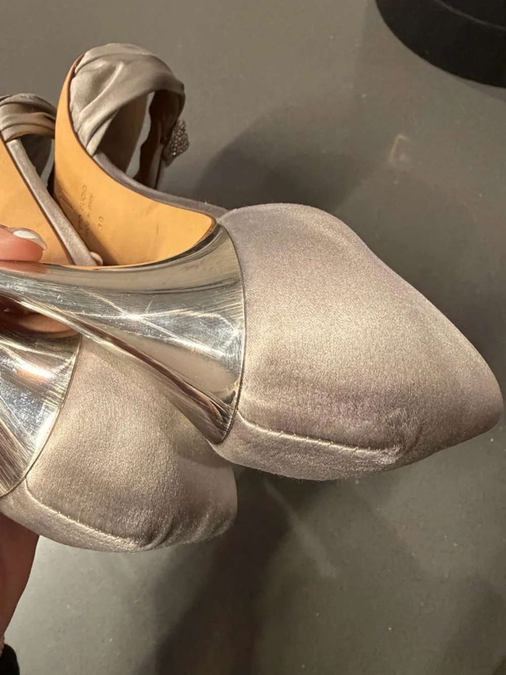 Giuseppe Zanotti Satin D'Orsay Heels W Swarovski Crystal Accent in Silver Sz 39